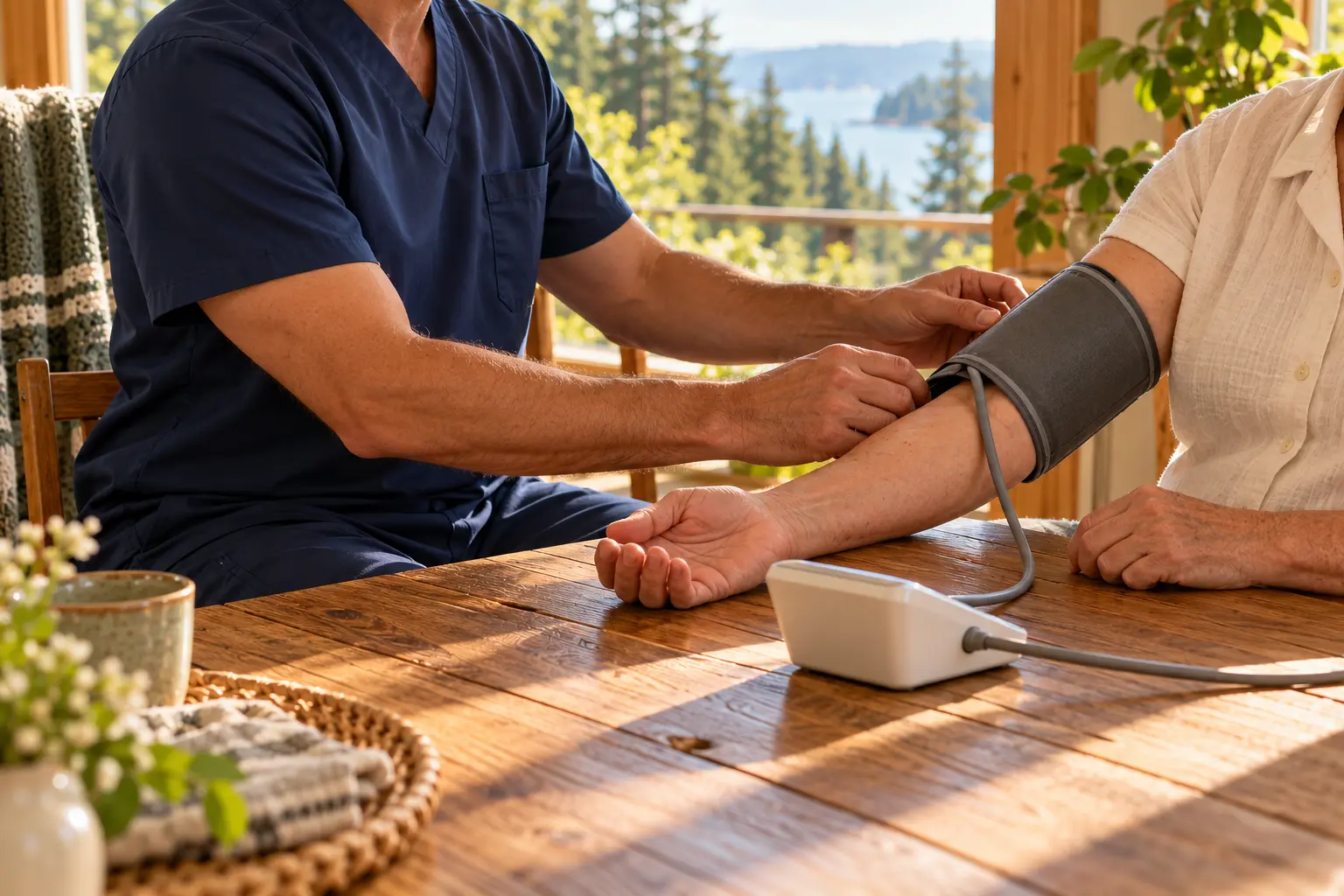 A nurse in navy scrubs fitting a blood-pressure cuff during a home visit, with both faces outside the frame.