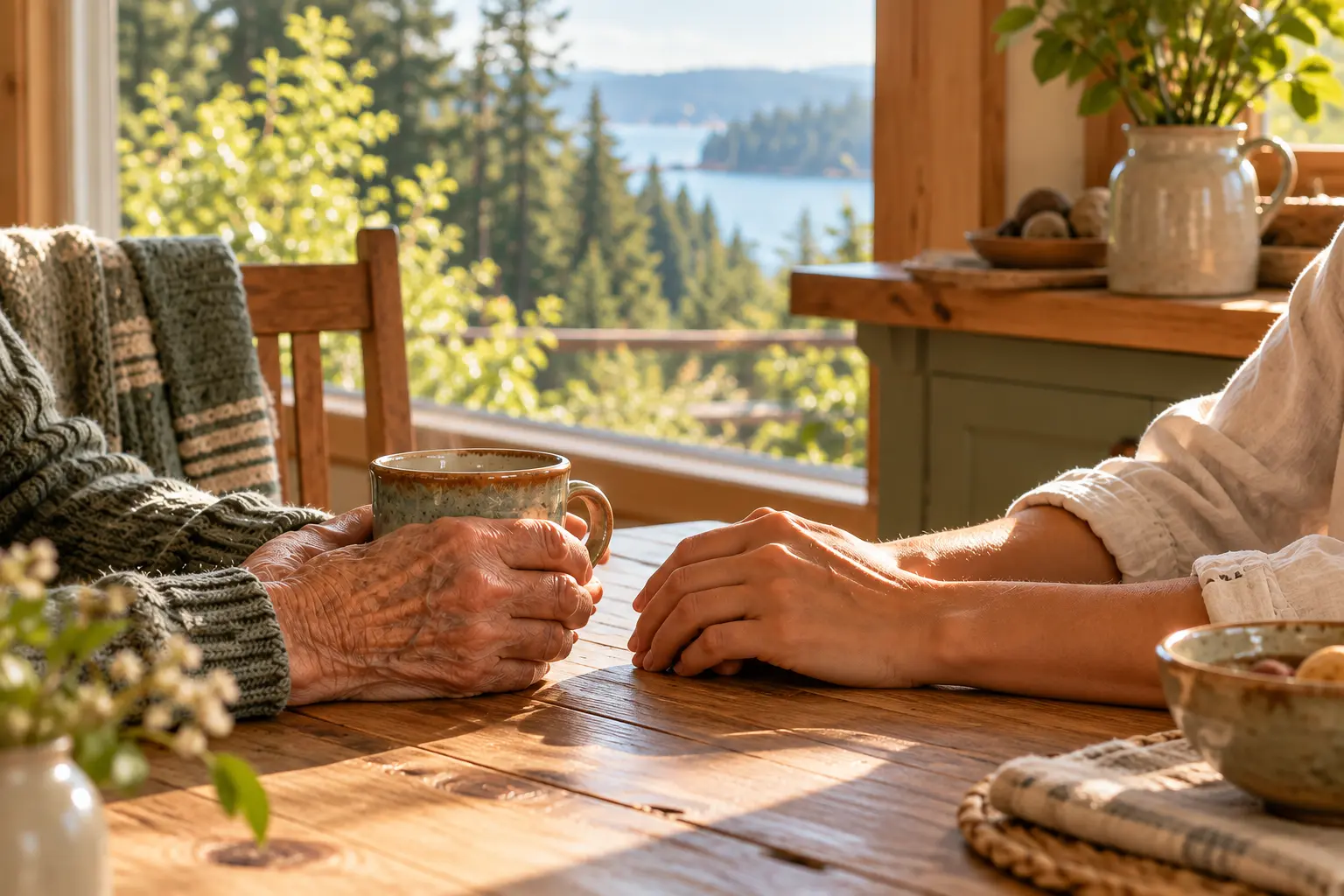 Hands gathered around a ceramic cup of tea in a warmly lit coastal home.